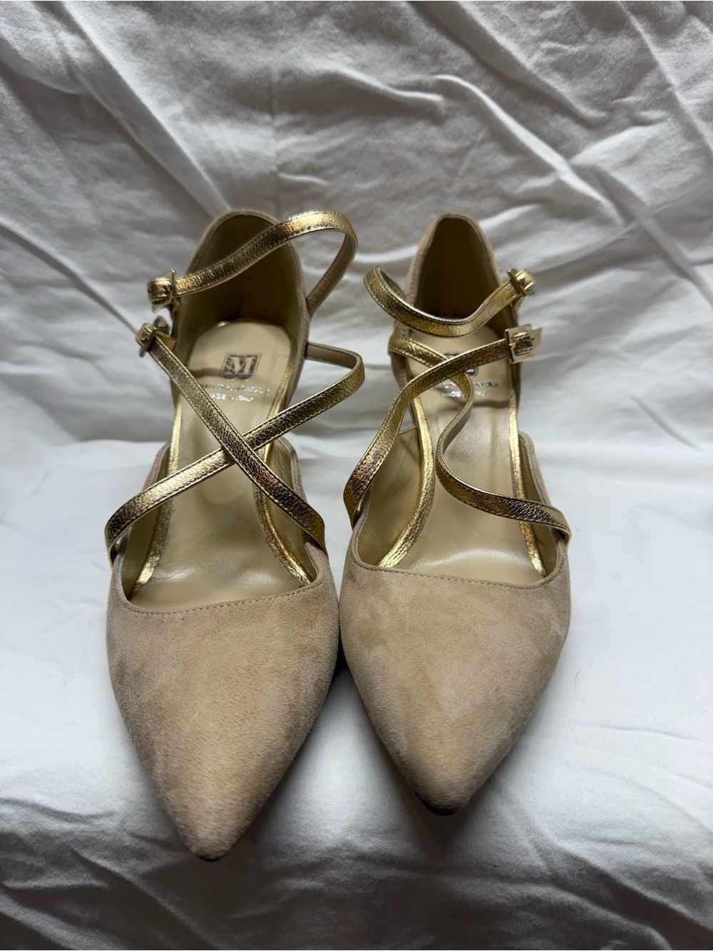 Bruno Magli Italy Suede Gold Strappy Pointed Toe Pumps Heels 36.5 US 6-6.5